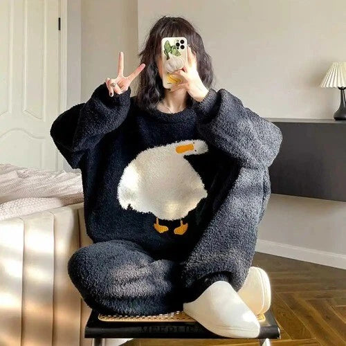 2024 Warm Flannel Pajamas for Women Sweet Velvet Thicken Loose Sleepwear Set