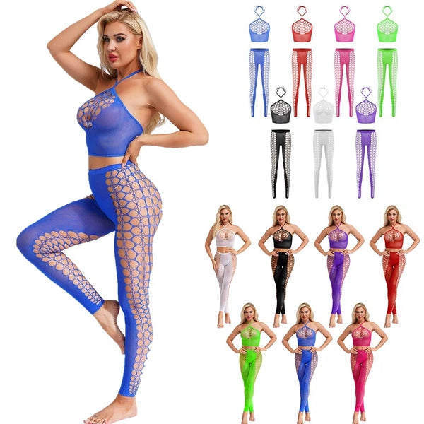 Womens Hollow Out Translucent Lingerie Set Stretchy Fishnet Solid Color Tights