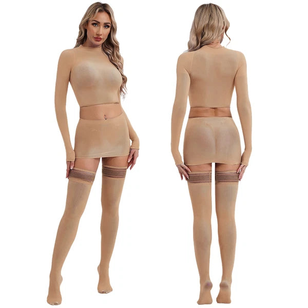 Womens Crop Top And Skirt With Stockings Round Neck Nightwear Tempting Glossy