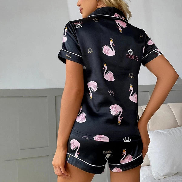 Women's Short Sleeve Silk Pajamas Set Print Satin Sleepwear Homewear Nightwear