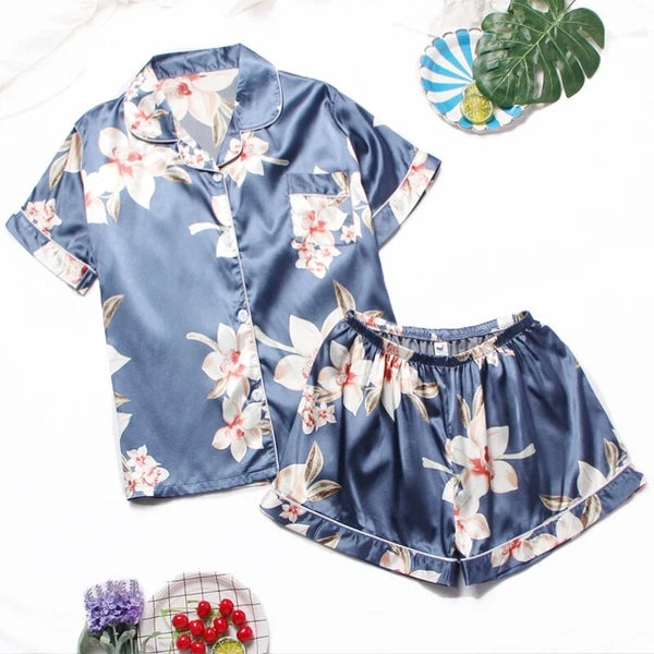 Women's Silk Satin Pajamas Set Short Sleeve Print Sleepwear Nightwear Pyjamas PJ