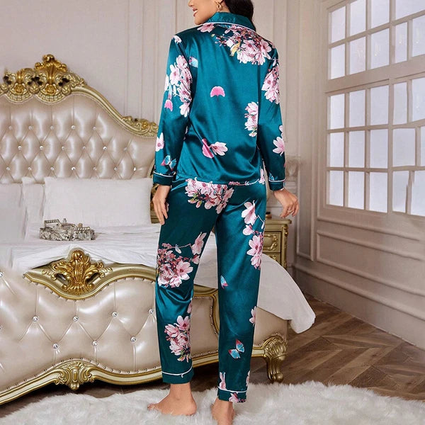 Women Silk Satin Pajamas Set Long Sleeve Button-Down Sleepwear Loungewear Charm