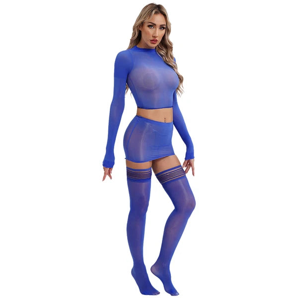 Womens Crop Top And Skirt With Stockings Round Neck Nightwear Tempting Glossy