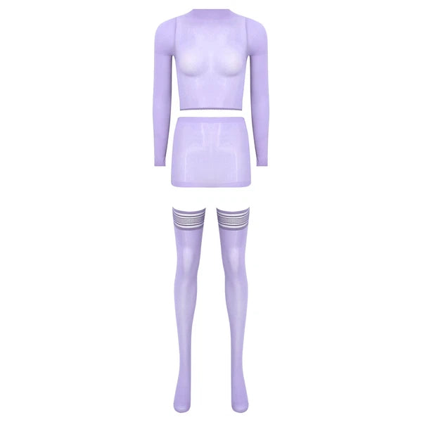 Womens Crop Top And Skirt With Stockings Round Neck Nightwear Tempting Glossy