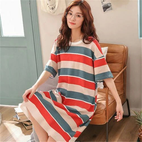 Summer Women's Sleep Shirt Dress Short Sleeve Cotton Casual Nightwear Pajama Set