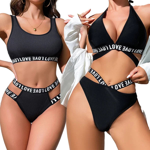 Women Sexy Lingerie Letter Print Belted Bra and Panty 2 Piece Pajamas Set Outfit