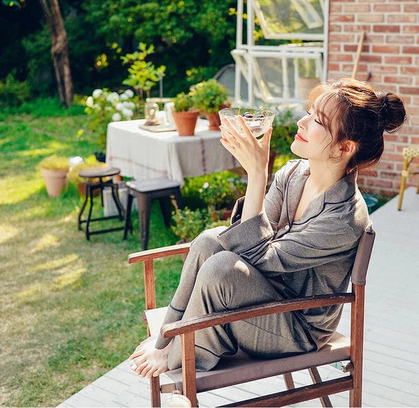 2PCS Pajama Sets Women Long Sleeve Solid Loose Breathable Soft Lady Suit Womens