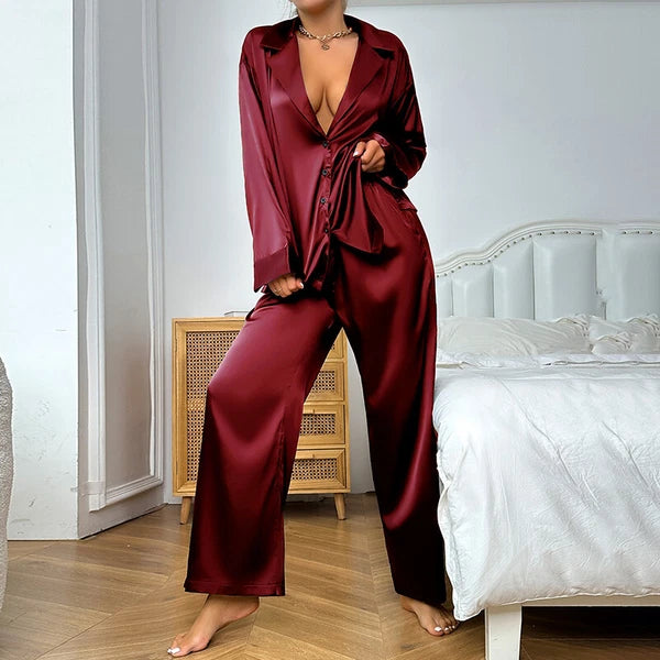 Luxury Women Oversized Silk Satin Sleepwear Sexy Pajamas Set Long Sleeves Pyjama