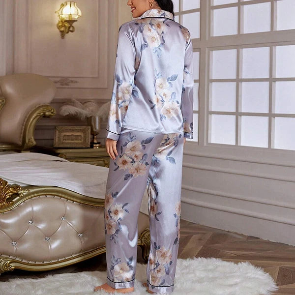 Women Silk Satin Pajamas Set Long Sleeve Button-Down Sleepwear Loungewear Charm