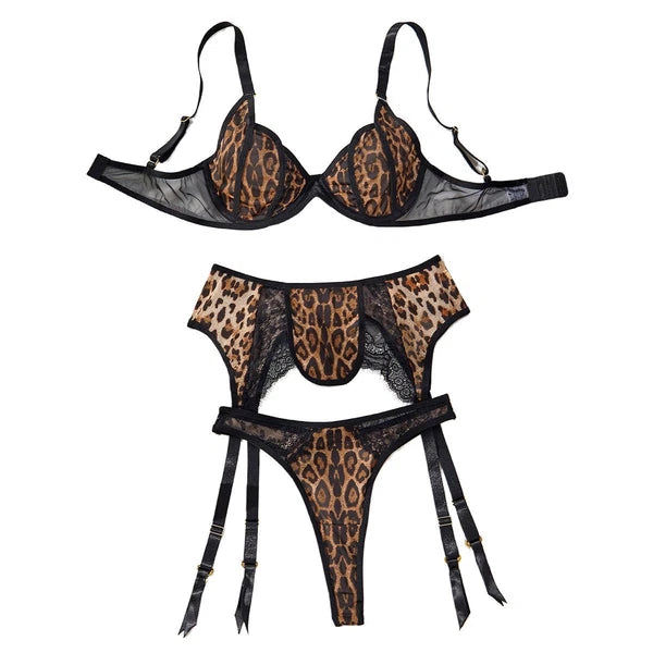 Luxallacki Leopard Lace Mesh Spliced Bra Garter Thong Lingerie Pajamas Set