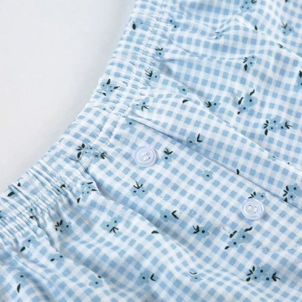 Floral Two Piece Sleepwear Plaid Summer Nightdress Women Summer-