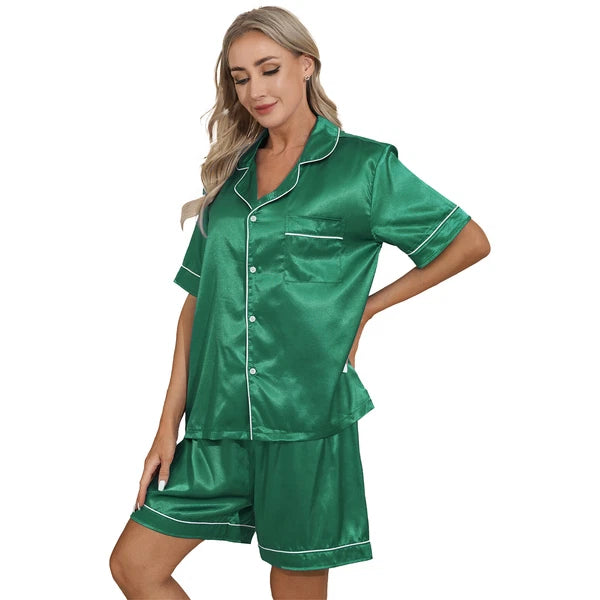 AU Womens Solid Satin Pajamas Set Tops with Shorts 2 Piece Sleepwear Loungewear