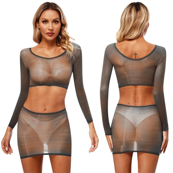 Womens Nightwear Bodycon Clubwear Nylon Outfits Perspective Crop Top Silky Mini