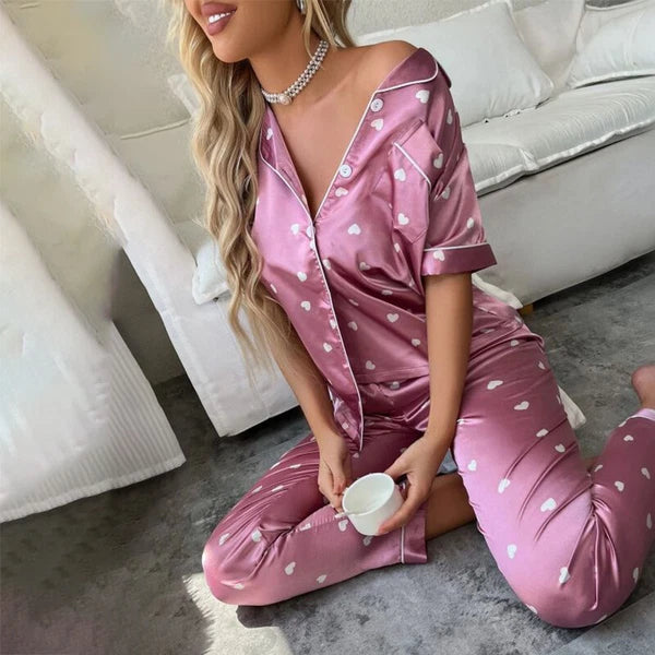 Women's Silk Satin Pajamas Set Short Sleeve Print Sleepwear Nightwear Pyjamas PJ