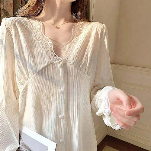 Pajama Sets Solid Lace V-neck Women Sweet Cute Kawaii Casual Long Sleeve  Loose