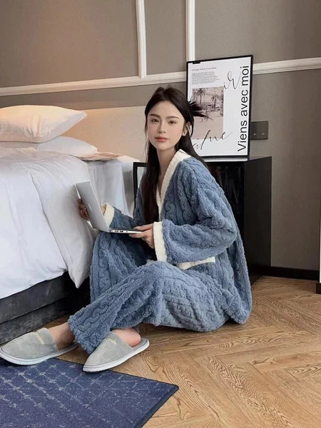 2pcs/Set Autumn and Winter Pajamas Women Thickened Padded Warm Students Girls