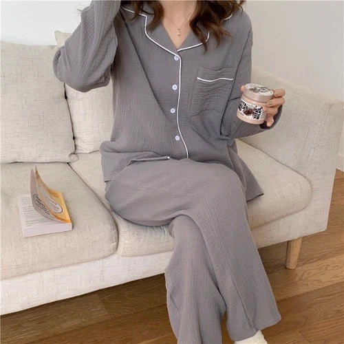 Spring Pajama Set Women Pure Cotton Crepe Long Sleeve Pajamas Suit Layer Gauze