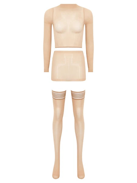 Womens Crop Top And Skirt With Stockings Round Neck Nightwear Tempting Glossy