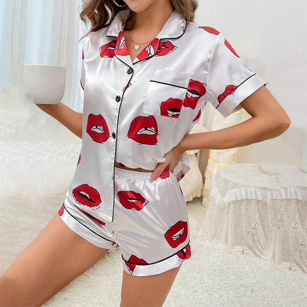 Women's Short Sleeve Silk Pajamas Set Print Satin Sleepwear Homewear Nightwear