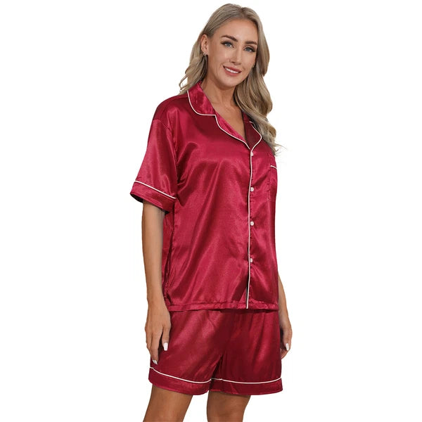 AU Womens Solid Satin Pajamas Set Tops with Shorts 2 Piece Sleepwear Loungewear