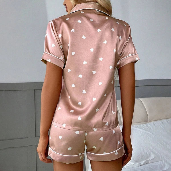 Women's Short Sleeve Silk Pajamas Set Print Satin Sleepwear Homewear Nightwear