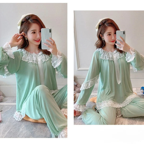 Women Girl Lace Mesh Pajamas Sets Nightie Ruffle Babydoll Lolita Sleepwear Sweet