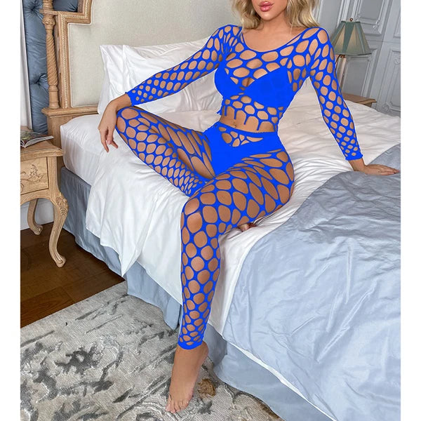 Womens Lingerie Sets Hollow Out See-Through Fishnet Nightwear Crop Top Leggings