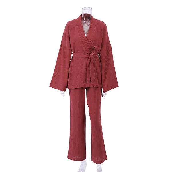 100% cotton women's nightgown pajamas set flared pajamas trousers set 2pcs