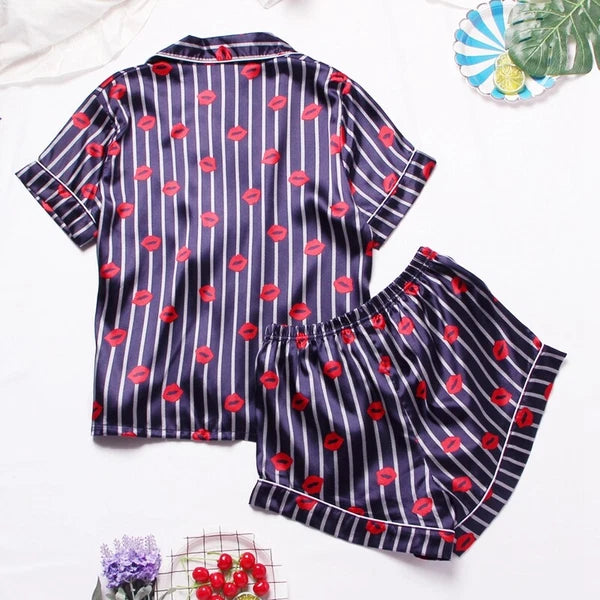 Women's Short Sleeve Silk Pajamas Set Print Satin Sleepwear Homewear Nightwear
