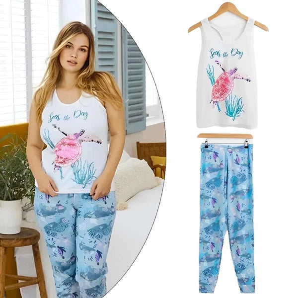 Womens Pyjamas Set PJS 100% Cotton Sleeveless Ladies Nightwear Set PJ Sleepwear