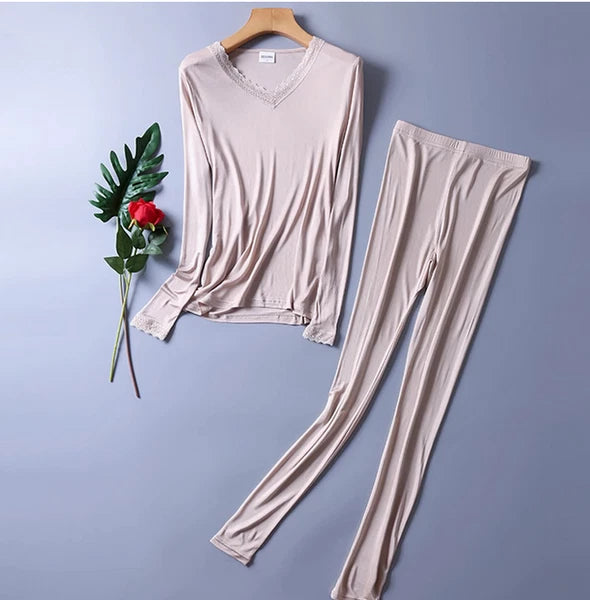 Women Silk Thermal Lace Long Johns Top & Bottom Set Soft Mulberry Silk Underwear