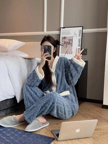 2pcs/Set Autumn and Winter Pajamas Women Thickened Padded Warm Students Coral