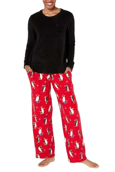 Cuddl Duds Regular Fleecewear w/ Stretch Pajama Set Blk/RubyPenguin