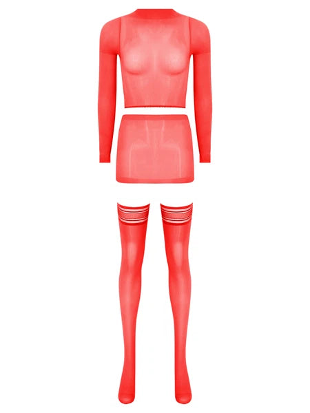 Womens Crop Top And Skirt With Stockings Round Neck Nightwear Tempting Glossy