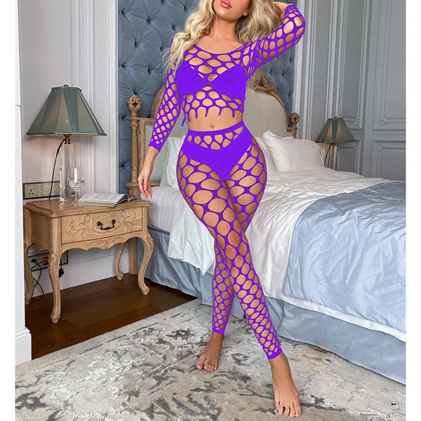 Womens Lingerie Sets Hollow Out See-Through Fishnet Nightwear Crop Top Leggings