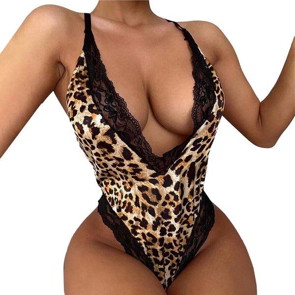 Womens Leopard Lace Bodysuit Lingerie Babydoll Nightwear Sleepwear Underwear