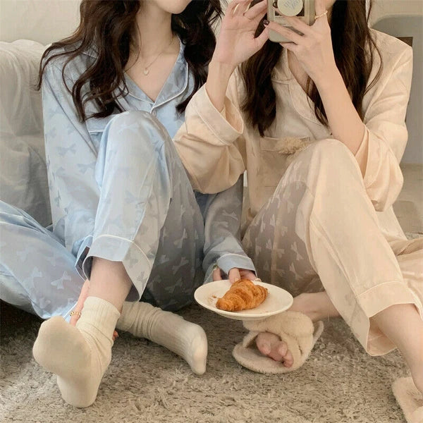 Satin Silk Soft Princess Pajama Set Women HomeClothes BowTie Kawaii Cute Pyjamas