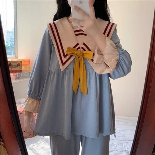 Navy Style Cute Homewear Vintage  Brief Pajamas Nightwear Sweet Chic Casual Sets