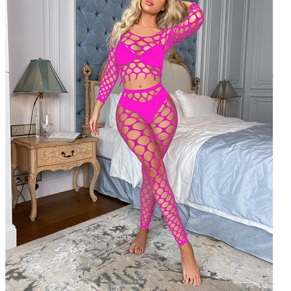 Womens Lingerie Sets Hollow Out See-Through Fishnet Nightwear Crop Top Leggings