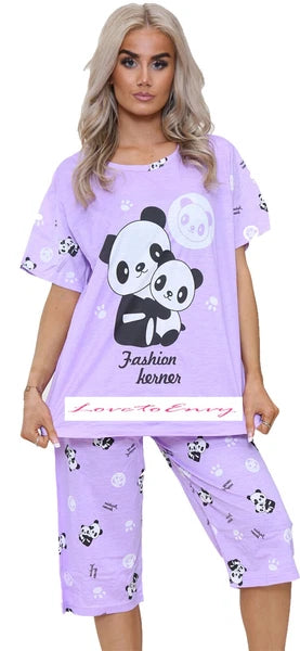 Ladies PJ Set Panda Animal Print Short Sleeve Capri Leg Lounge Teddy Pyjama Set.