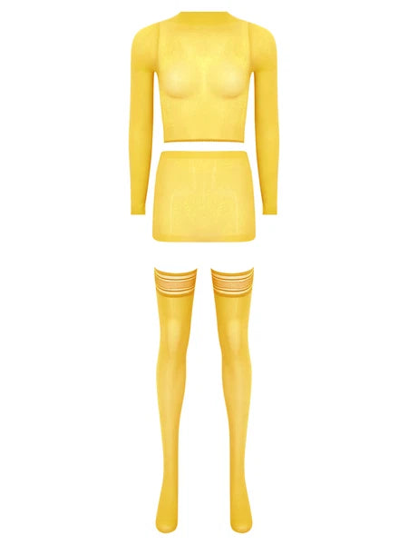 Womens Crop Top And Skirt With Stockings Round Neck Nightwear Tempting Glossy