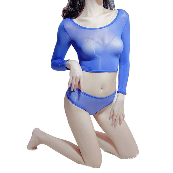 Womens Lingerie Set Slim Fit Crop Top With Briefs Stretchy Nightwear Sheer Sexy