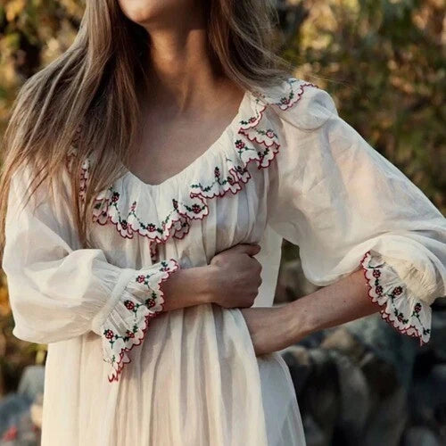 Vintage Women Sleepwear LadiesStrawberry Embroidery Lace  Semitransparent Dress