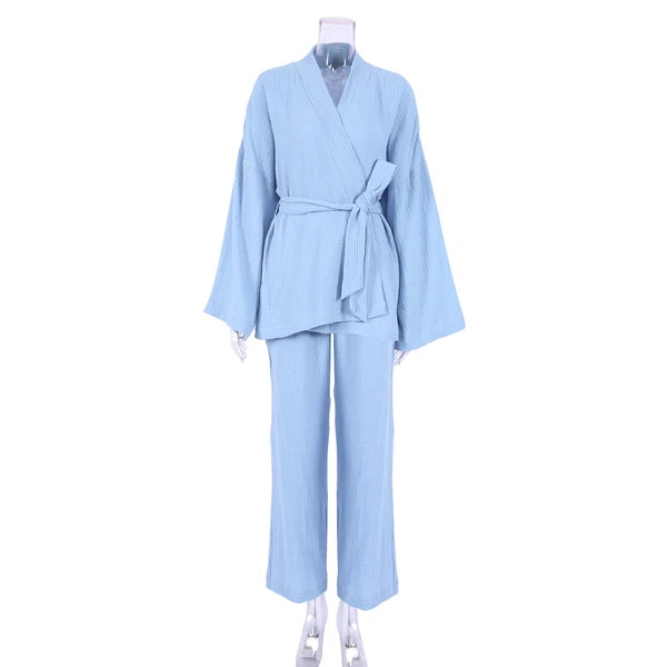 100% cotton women's nightgown pajamas set flared pajamas trousers set 2pcs