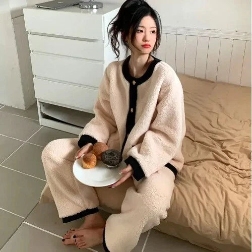 2 Pieces /Sets Winter Pajamas  Flannel Coral Long Sleeve  Suit Kawaii Velvet