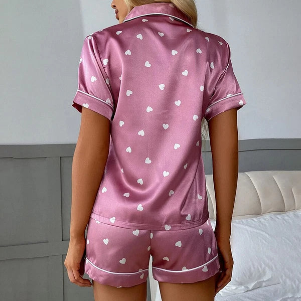 Women's Short Sleeve Silk Pajamas Set Print Satin Sleepwear Homewear Nightwear