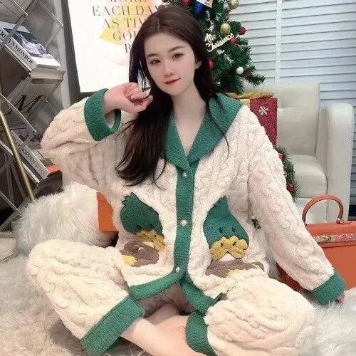 Coral Fleece Pajama Sets Women Single Breasted Turn-down Collar  Elastic Waist