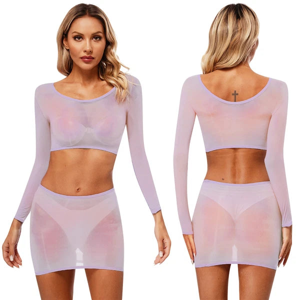 Womens Nightwear Bodycon Clubwear Nylon Outfits Perspective Crop Top Silky Mini