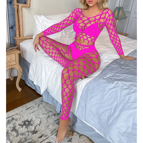 Womens Lingerie Sets Hollow Out See-Through Fishnet Nightwear Crop Top Leggings
