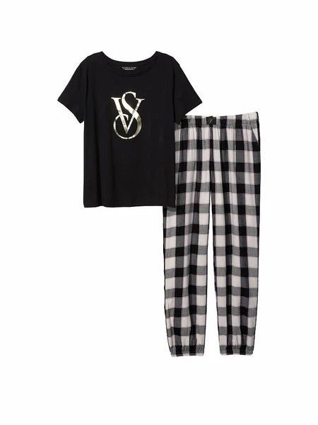 Victoria's Secret Flannel Jogger Tee-Jama Logo Black Plaid XS, S, M, L Sold-Out